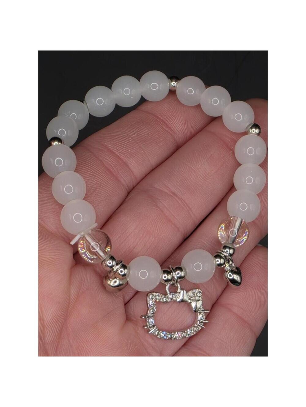 Hello Kitty White Beaded Bracelet with Silver Cat Dangle Charm